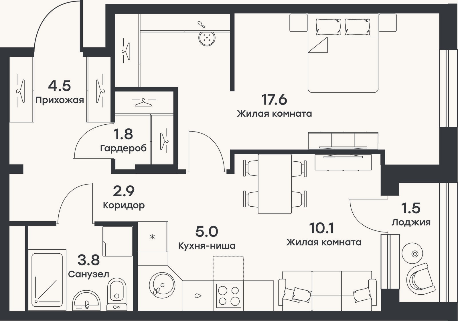 Планировка: 2-к, 45,2 м²