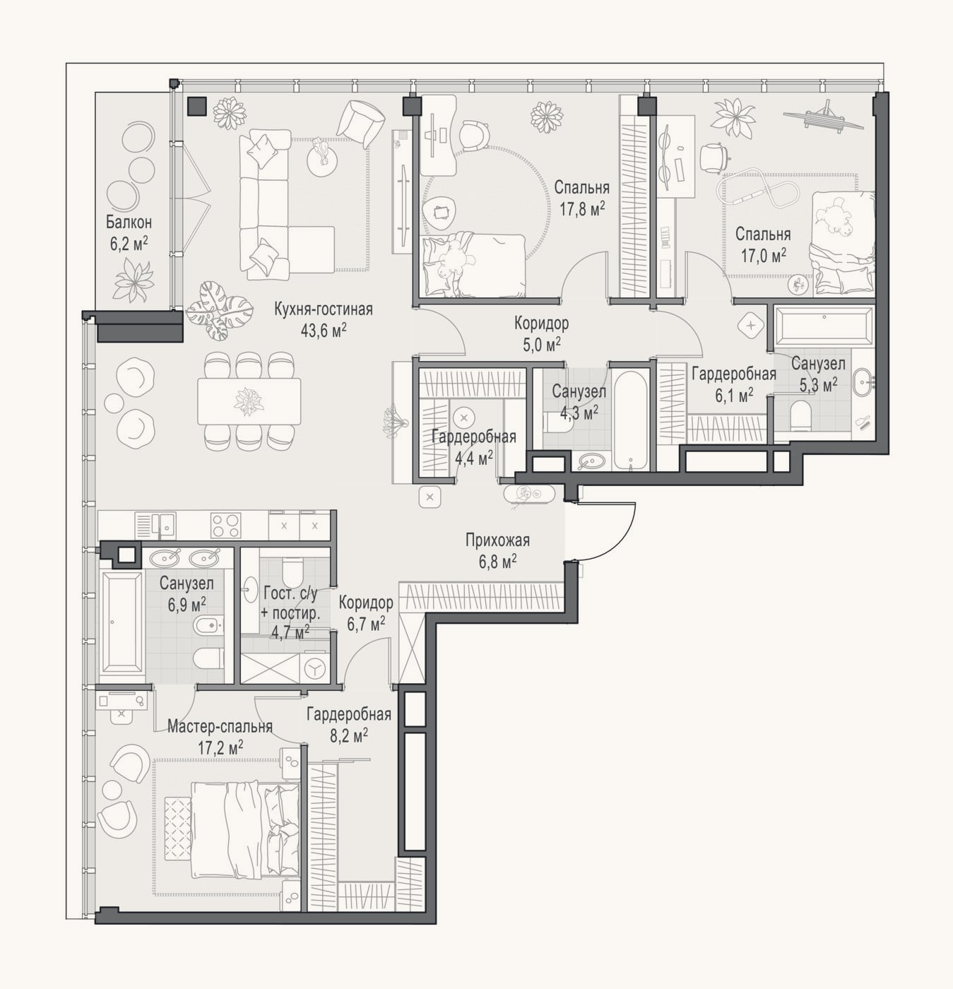 Планировка: 4+ к, 156,7 м²