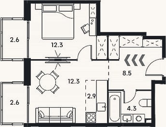 Планировка: 2-к, 40,3 м²