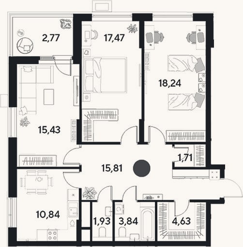 Планировка: 3-к, 89,9 м²