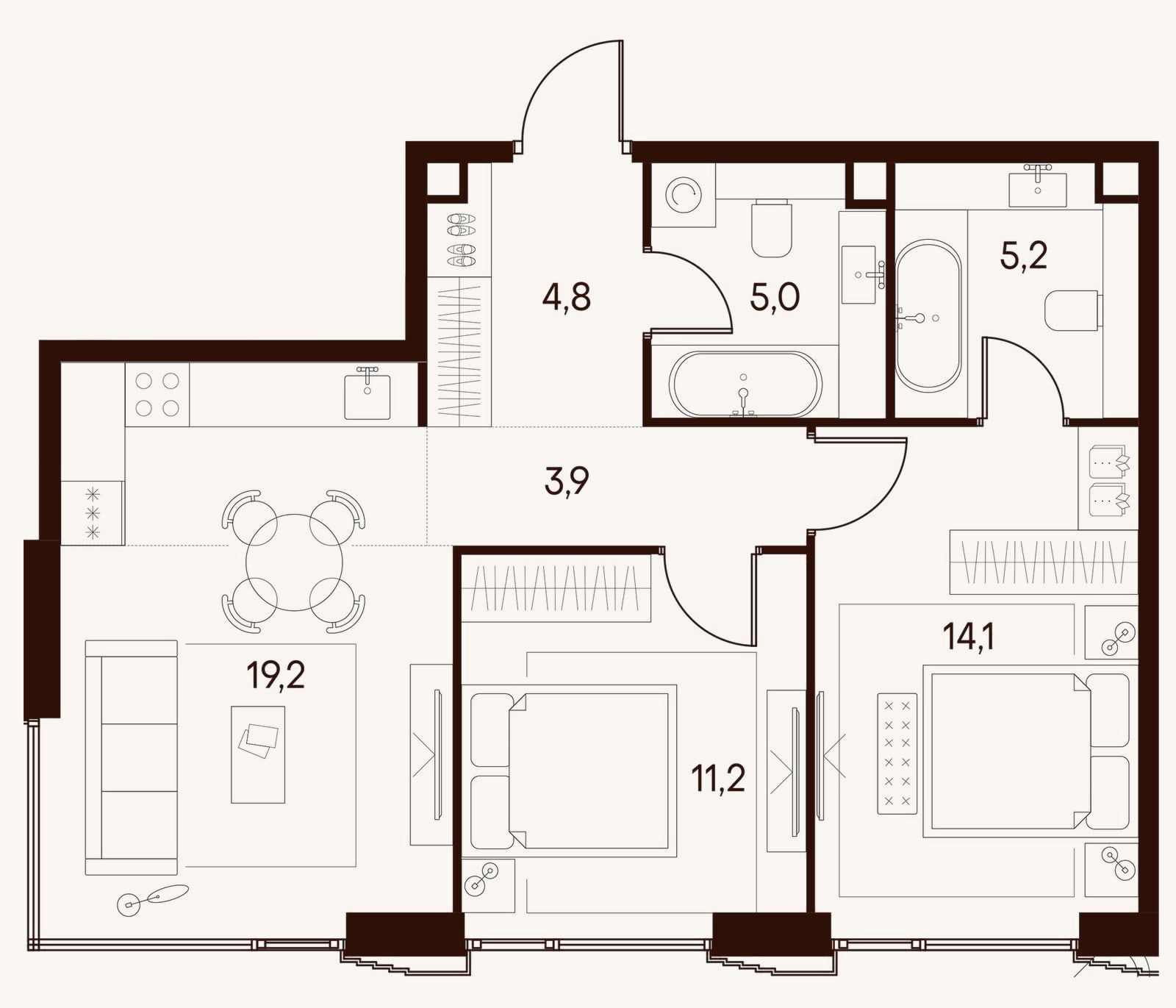 Планировка: 3-к, 63,4 м²