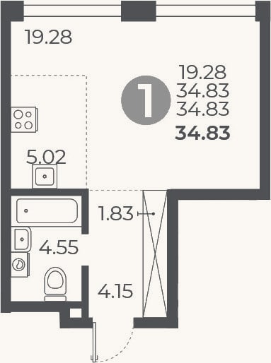 Планировка: Студия, 34,8 м²