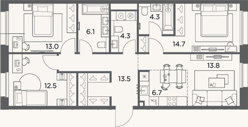 Планировка: 4+ к, 88,9 м²