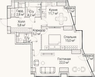 Планировка: 2-к, 67,7 м²