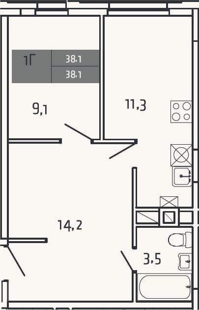 Планировка: 1-к, 38,1 м²