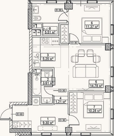 Планировка: 3-к, 61,3 м²