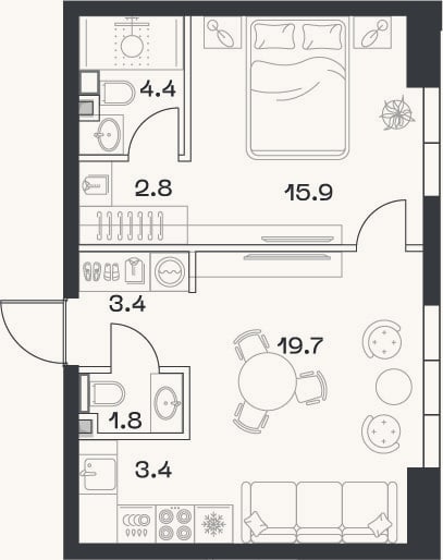 Планировка: 2-к, 51,9 м²
