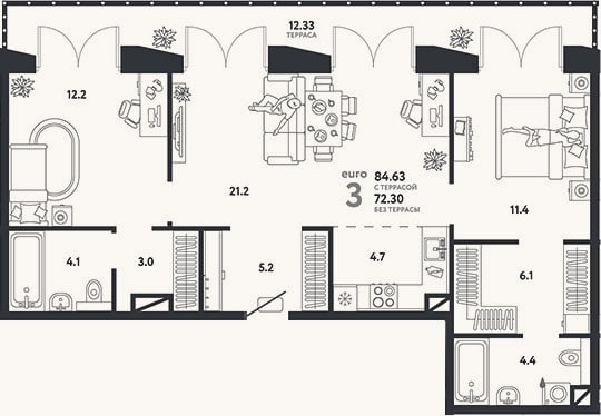 Планировка: 3-к, 72,3 м²