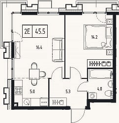 Планировка: 2-к, 44,9 м²