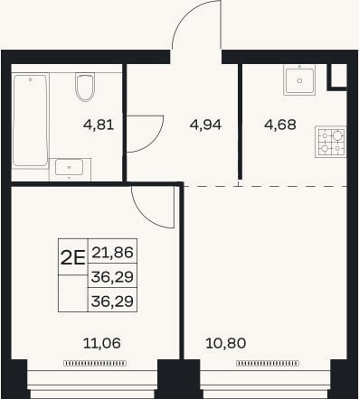 Планировка: 2-к, 36,3 м²