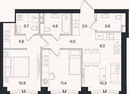 Планировка: 3-к, 63,4 м²