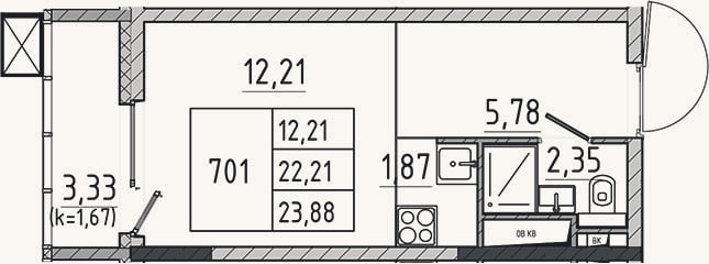 Планировка: Студия, 22,2 м²