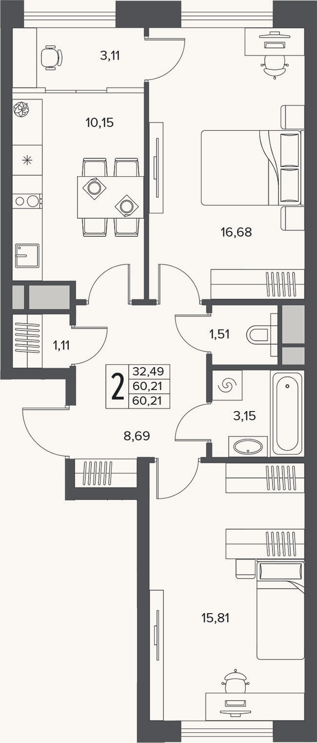 Планировка: 2-к, 60,2 м²