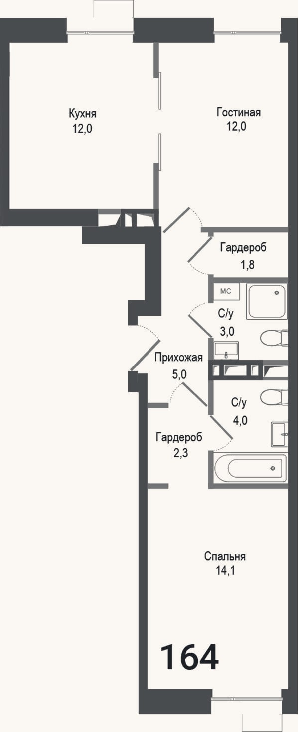 Планировка: 2-к, 54,2 м²
