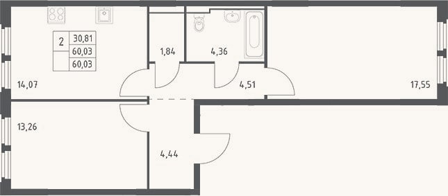 Планировка: 2-к, 60 м²