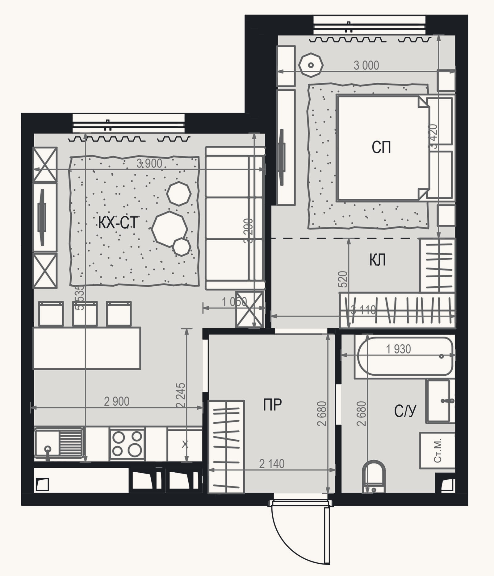 Планировка: 2-к, 45,1 м²