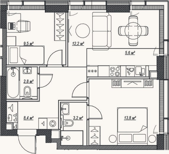 Планировка: 3-к, 55,5 м²