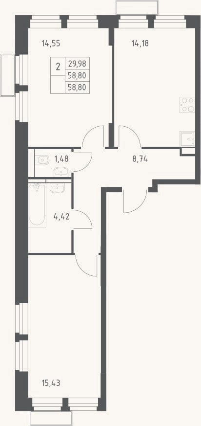 Планировка: 2-к, 58,8 м²
