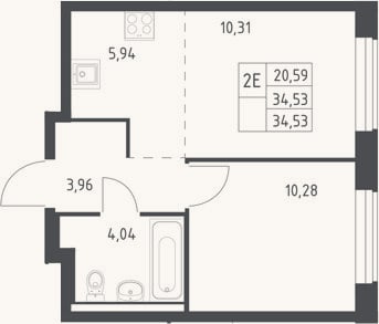 Планировка: 2-к, 34,5 м²
