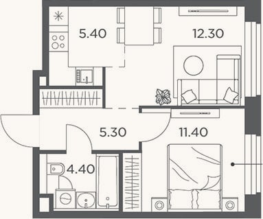 Планировка: 2-к, 38,8 м²