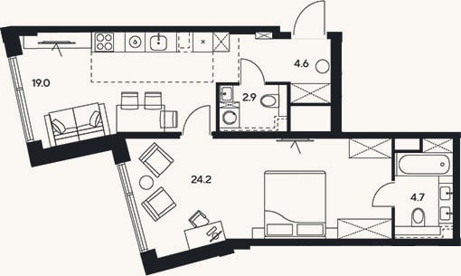 Планировка: 2-к, 55,4 м²