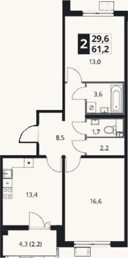 Планировка: 2-к, 59 м²