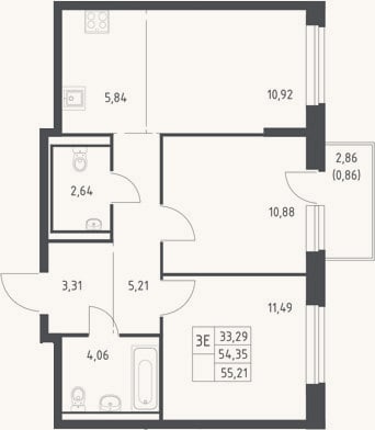 Планировка: 3-к, 54,4 м²