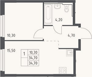 Планировка: 2-к, 34,7 м²