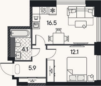 Планировка: 2-к, 38,6 м²