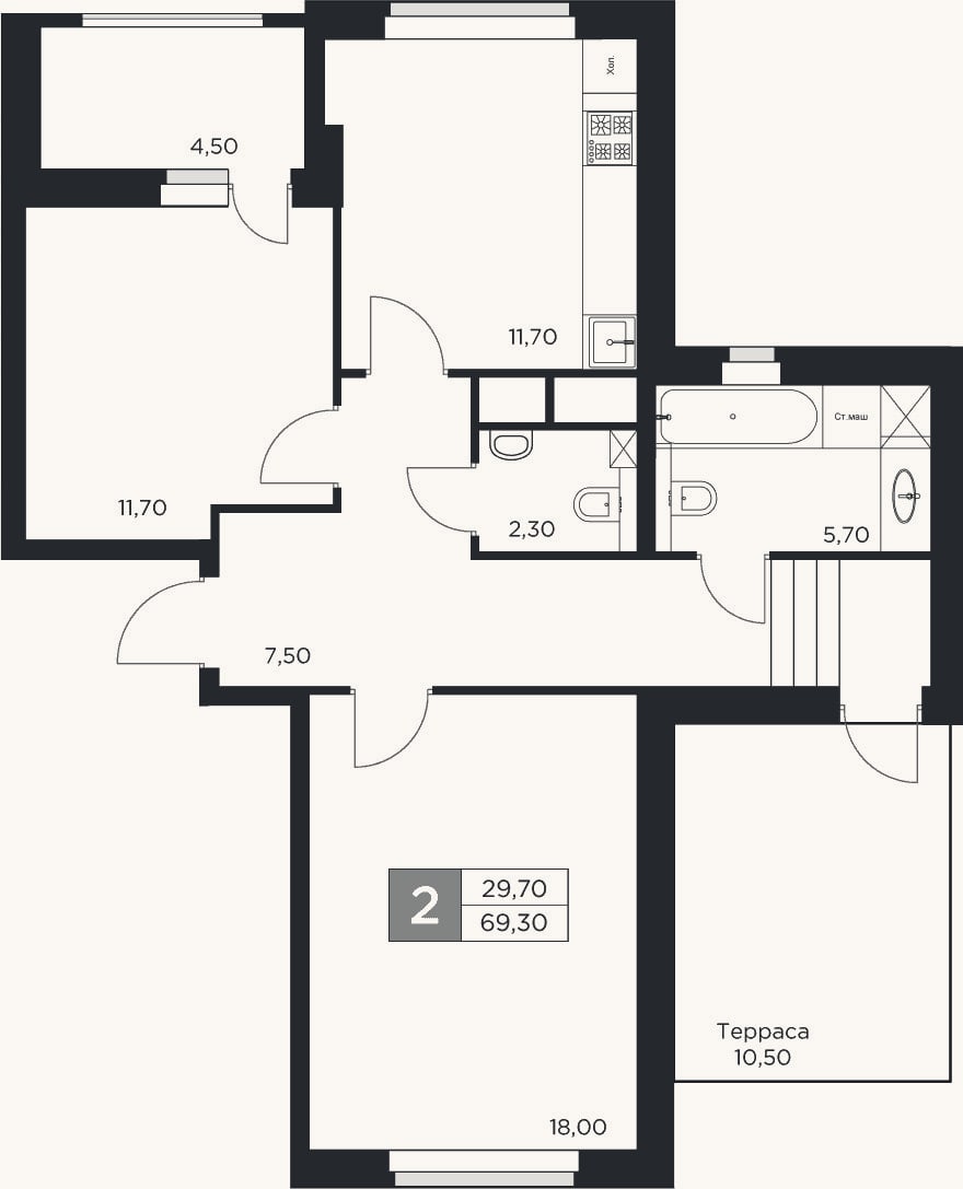 Планировка: 2-к, 56,6 м²
