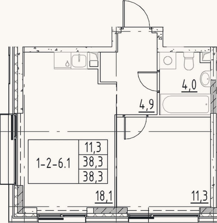 Планировка: 2-к, 38,3 м²