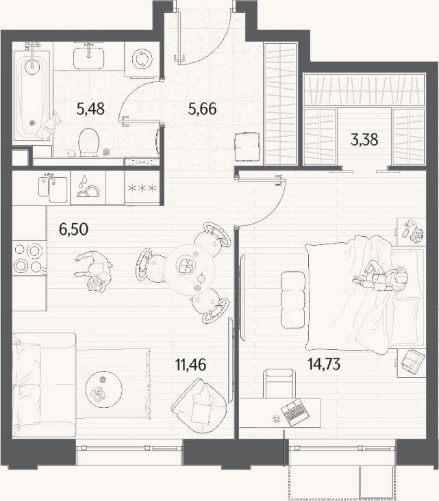 Планировка: 2-к, 47,2 м²