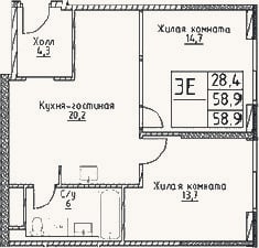 Планировка: 3-к, 58,9 м²