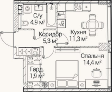 Планировка: 1-к, 37,1 м²