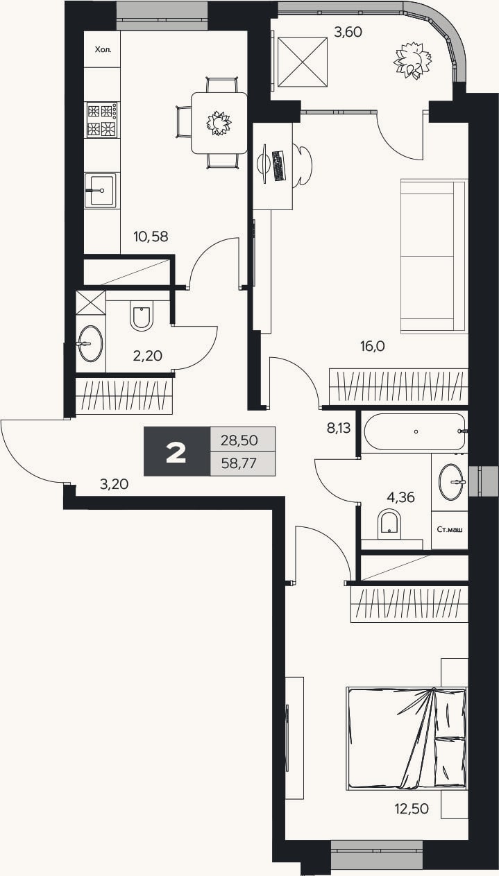 Планировка: 2-к, 57 м²