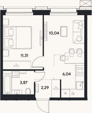 Планировка: 2-к, 33,6 м²