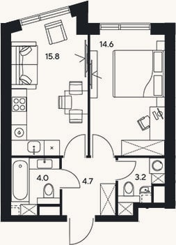 Планировка: 1-к, 42,3 м²