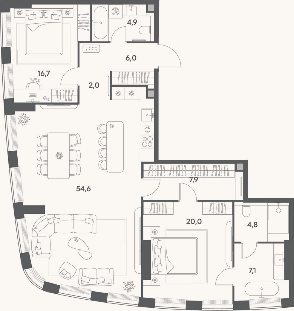 Планировка: 3-к, 124 м²