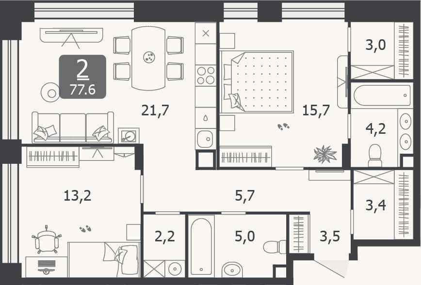 Планировка: 3-к, 77,6 м²
