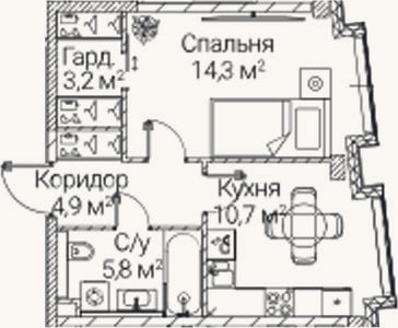 Планировка: 1-к, 38,4 м²