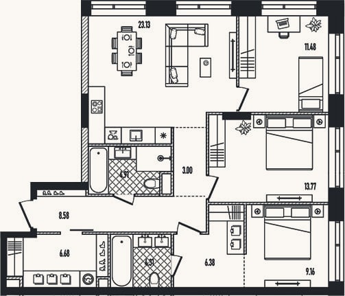 Планировка: 4+ к, 91,4 м²