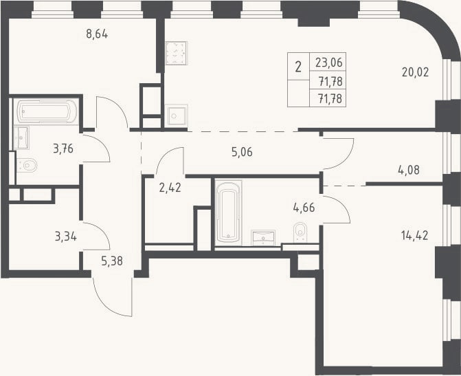 Планировка: 3-к, 71,8 м²