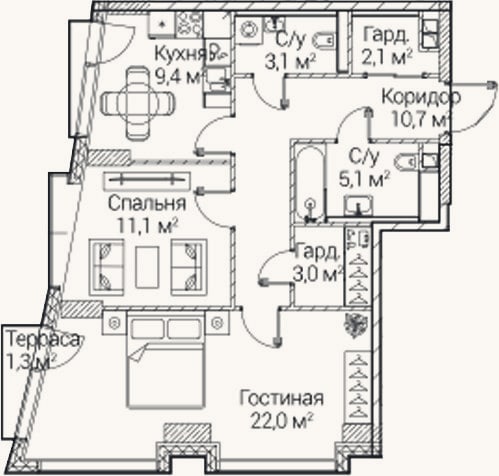 Планировка: 2-к, 65,6 м²