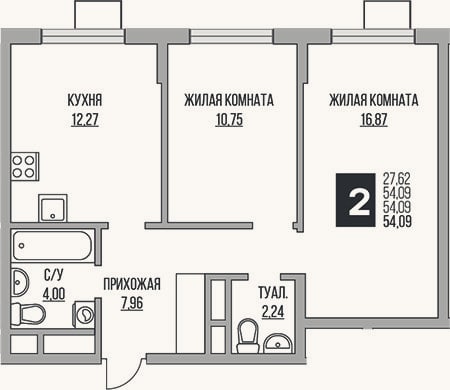 Планировка: 2-к, 54,1 м²