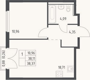 Планировка: 2-к, 38,1 м²