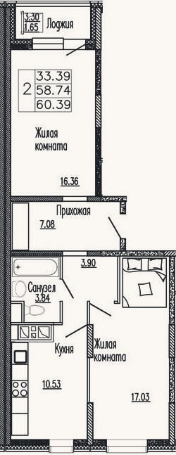 Планировка: 2-к, 60,5 м²