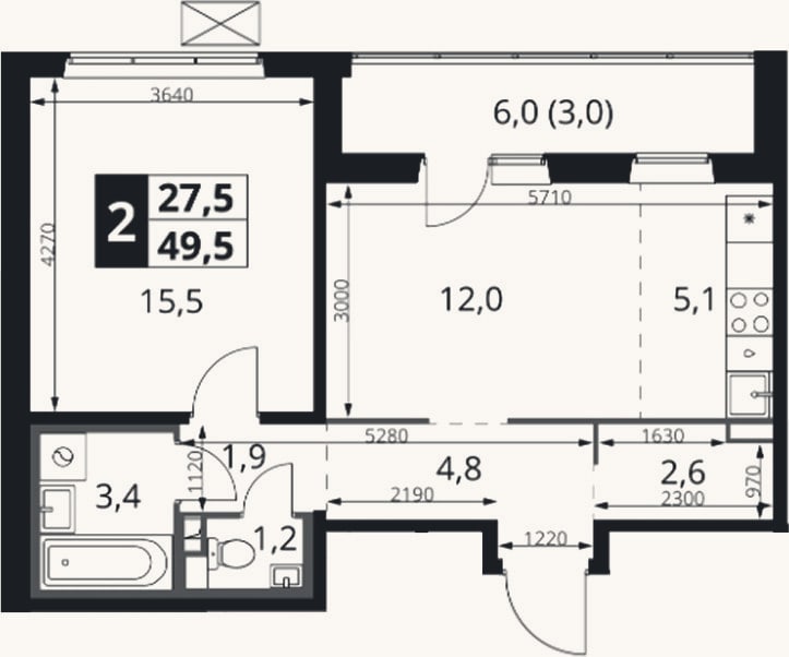 Планировка: 2-к, 46,5 м²