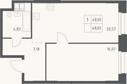 Планировка: 1-к, 48,7 м²