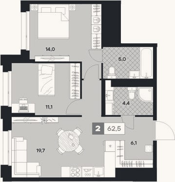 Планировка: 2-к, 62,5 м²