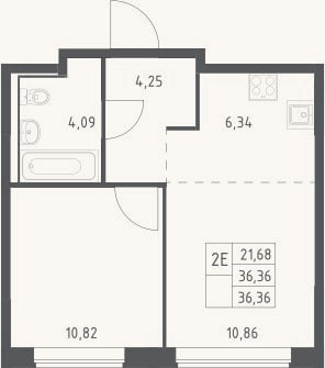 Планировка: 2-к, 36,4 м²